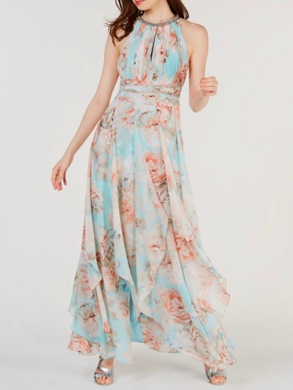Calvin Klein Sleeveless Halter Neck Keyhole Tiered Floral Flowy Maxi Gown